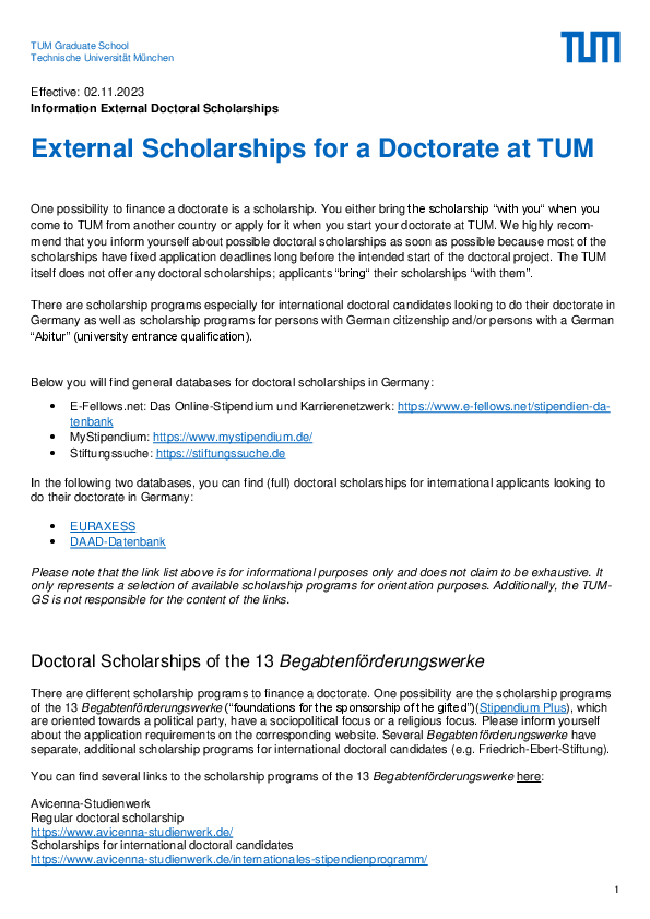 phd scholarship tum